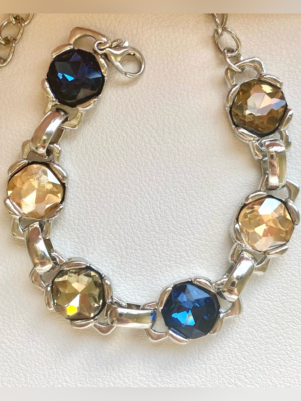 Silver Link Bracelet with Blue and Champagne Stones